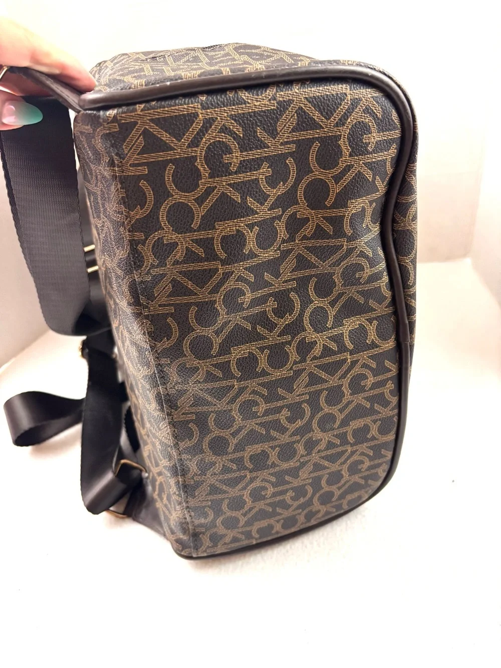 Calvin‎ Klein Elaine Signature Brown Monogram Key Item Flap Large Backpack